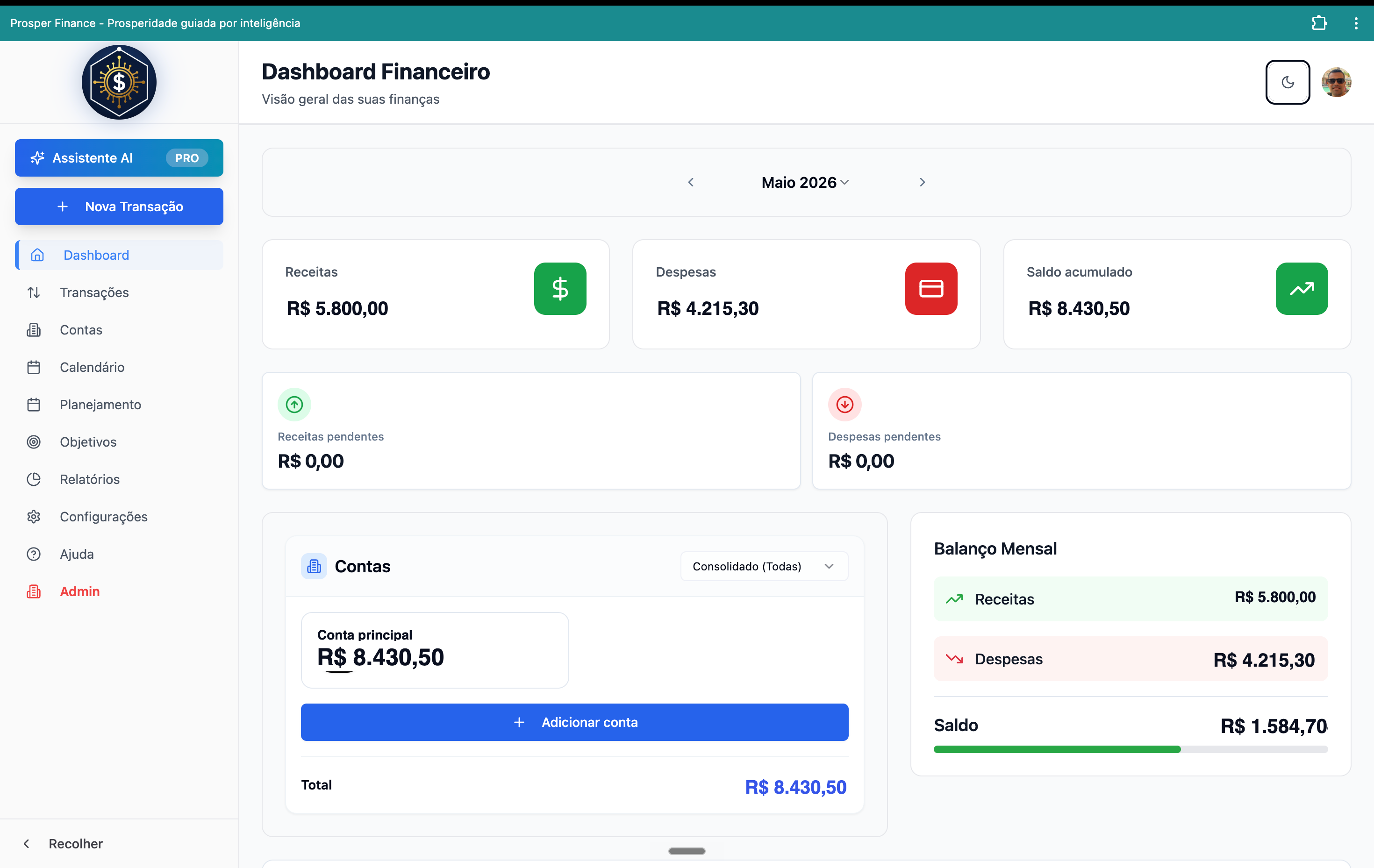 Dashboard do Prosper Finance no desktop