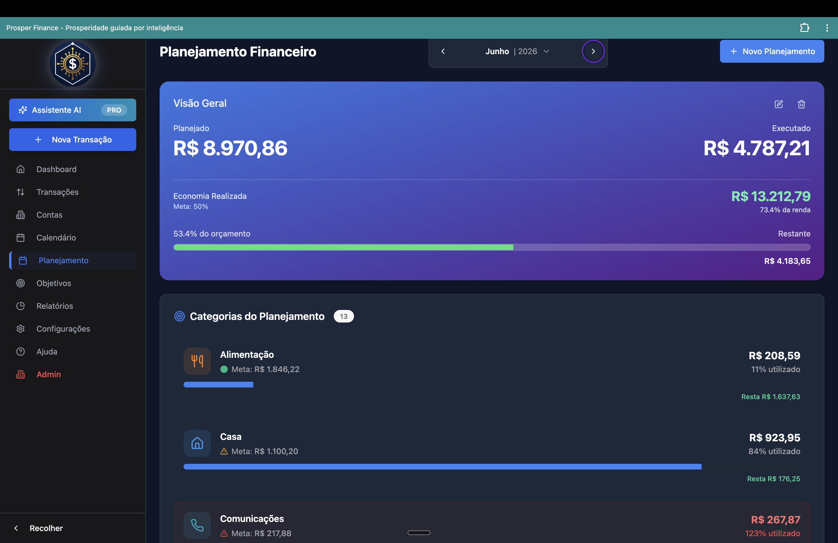 Tela de planejamento mensal do Prosper Finance no desktop