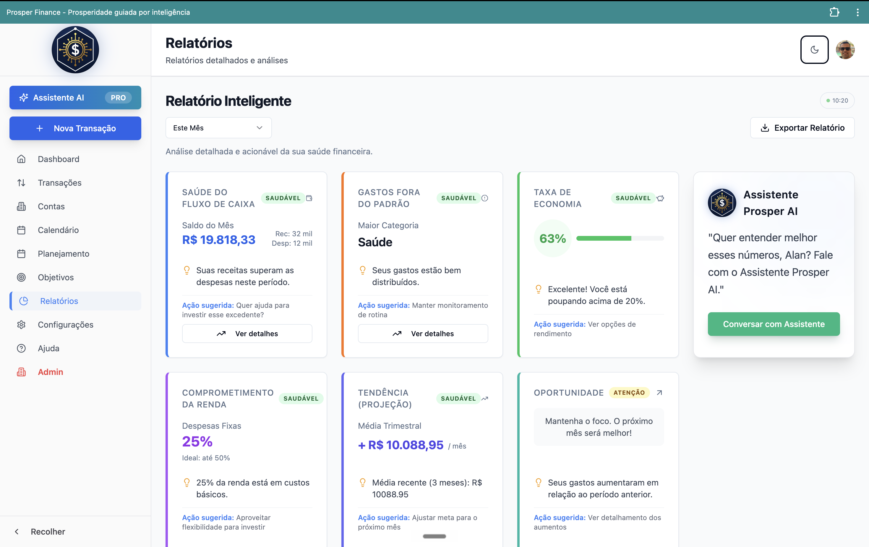 Relatórios inteligentes do Prosper Finance no desktop